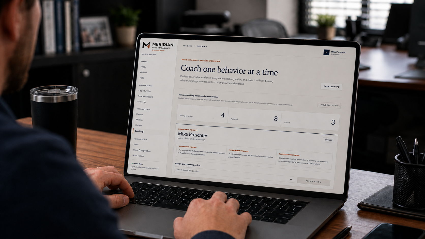 Synthetic Meridian Coach manager workspace shown on a laptop