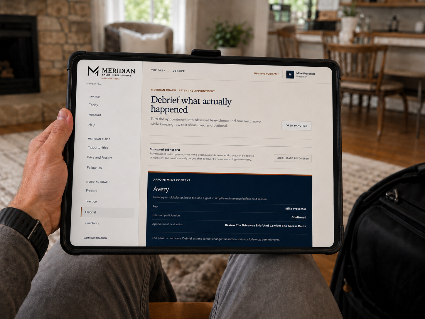 Synthetic Meridian Coach debrief workspace shown on a tablet after an appointment
