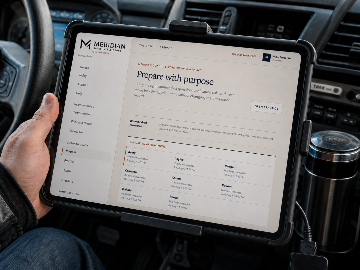 Synthetic Meridian Coach preparation workspace shown on a tablet in a work truck